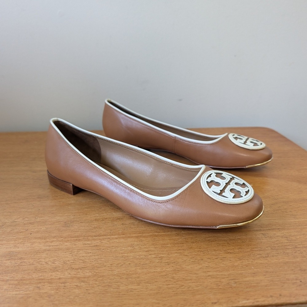 Tory Burch Tan Leather Ballet Flats Logo Medallion Size 10M